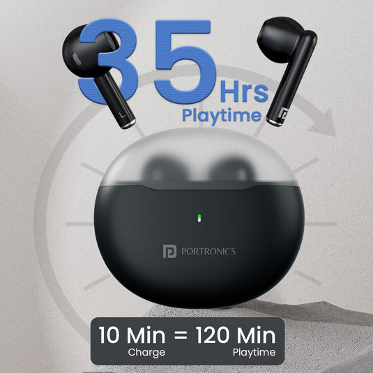 Portronics Harmonics Twins s20 best TWS earbuds with fast charge| 35hr playtime bluetooth earbuds under 2000. Black