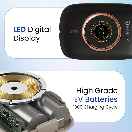 Black Portronics Power Shutter pro 10000mah Power bank with digital display| portronics power shutter pro powerbank for student| power bank with high grade ev batteries