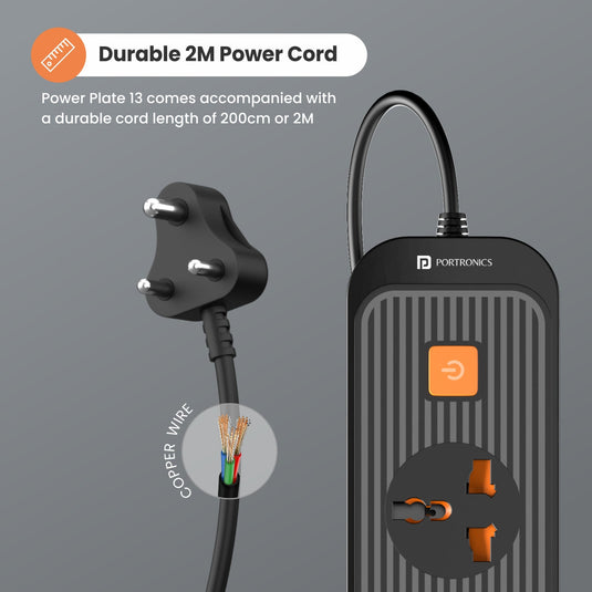 orange Portronics Power Extension Board with 4 sockets and durable 2M power cord