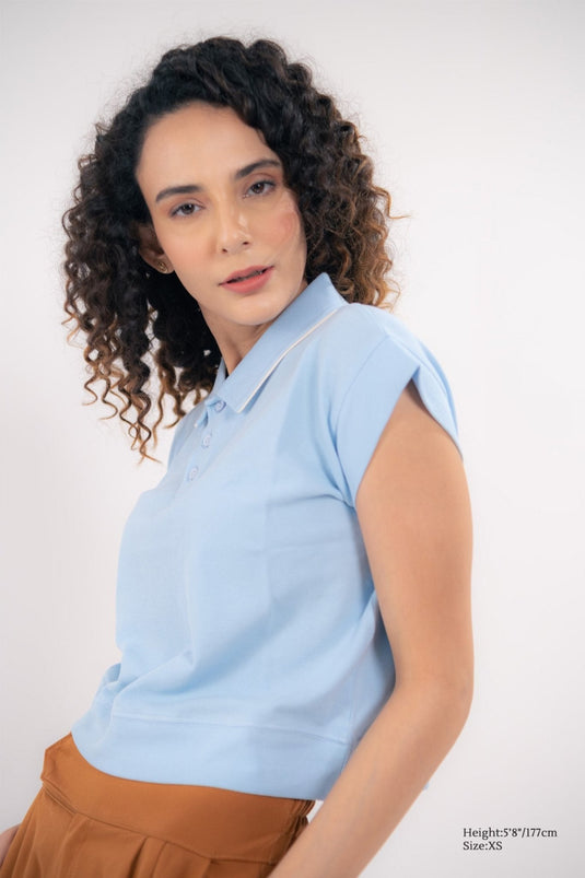 Premium blue crop polo top for women, luxury feel with modern Italian design—perfect for western wear.