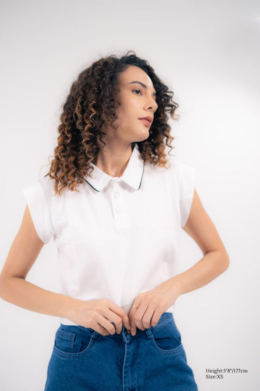 Premium white crop polo top for women, luxury feel with modern Italian design—perfect for western wear.