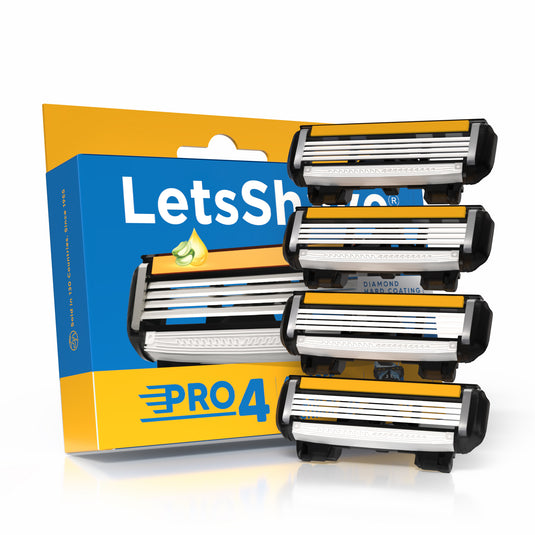 LetsShave Pro 4 Shaving Razor Blade for Men | Made in South Korea | Lubricating Strip with Aloe Vera & Vitamin E |4 Blade Full Body Razor | Rubber Guard & Open Flow Architecture - Pack of 4 Blade Refills