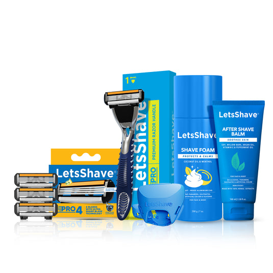 LetsShave Pro 4 Grooming & Shaving Kit for Men - 4 Shaving Blades with Handel, Shaving Foam, After Shave Balm 100ml & Razor Cap