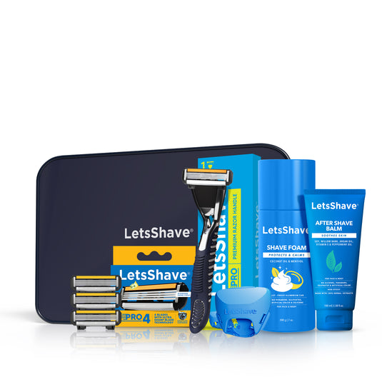 Pro 4 Gift Set for Men- Razor Handle+ 4 Blade Refills with Free Travel Cap, After Shave balm and Transparent Shave Gel 30ml, Travel Pouch
