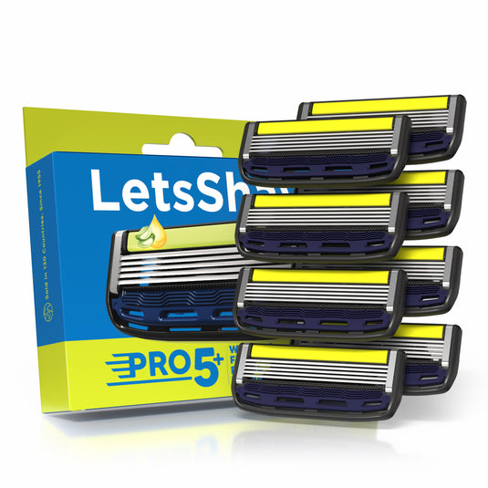 LetsShave Pro 5 Plus Shaving Razor Blade for Men with Safety Precision Trimmer Aloe Vera,Vitamin E & Argan Oil Lubricating Strip Pack of 8 Blade Refills