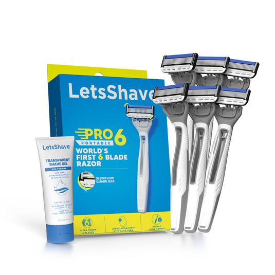 LetsShave Pro 6 Portable Razor for Men pack of 6 + transparent gel 15 ml