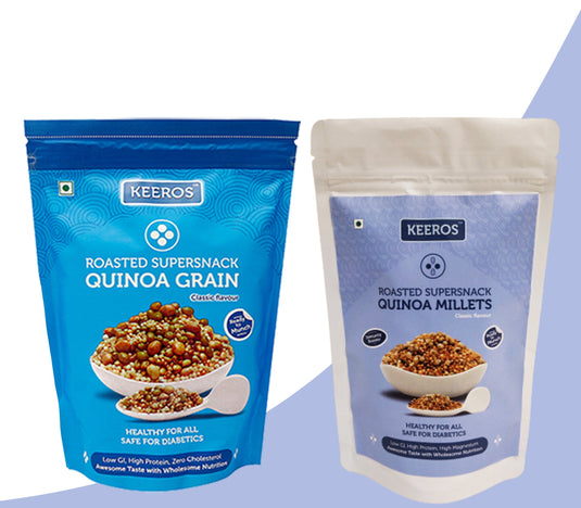 Keeros Healthy & Diabetic Friendly Namkeen Snacks Combo - Quinoa Grain Roasted & Quinoa Millets | Low GI, High Protein & Nutritious Supernacks | Pack of (250g + 100g)
