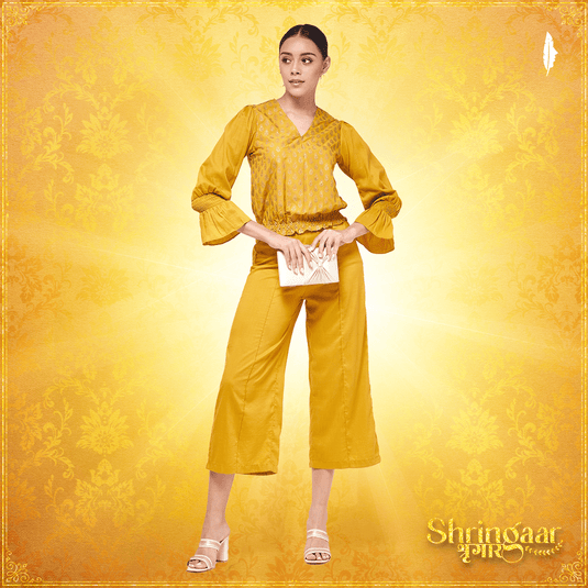 Shringaar Mustard Block Printed Stylish Top With Matching Pant