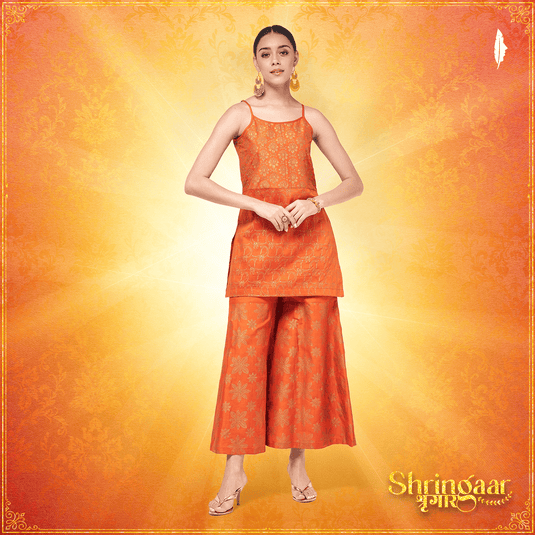 Shringaar Orange Festive Block Printed Strapy Kurta With Sharara