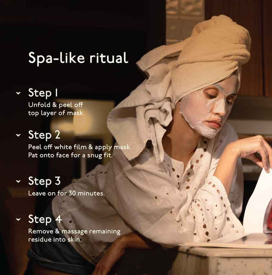 Place Asaya's sheet mask on cleansed face for revitalised, nourished, glowing, smooth skin and spa like experience