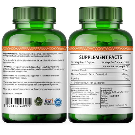 Simply Herbal Pure Turmeric Curcumin & Piperine Extract 800mg- 60 Capsules