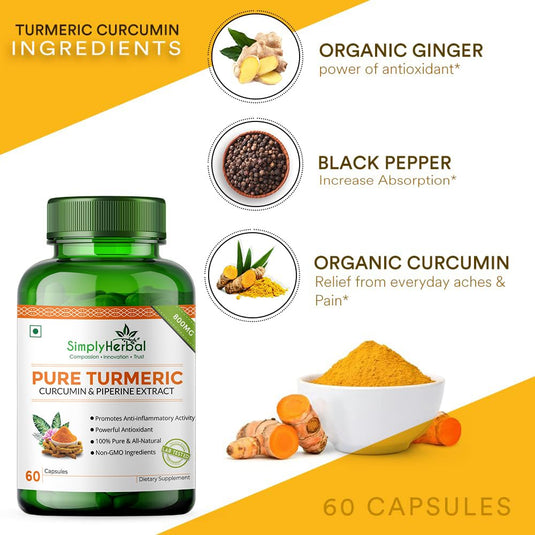 Simply Herbal Pure Turmeric Curcumin & Piperine Extract 800mg- 60 Capsules