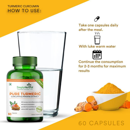 Simply Herbal Pure Turmeric Curcumin & Piperine Extract 800mg- 60 Capsules
