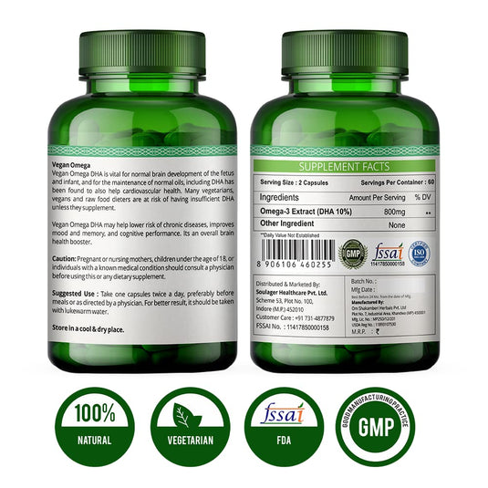 Simply Herbal Vegan Omega 3 Extract (DHA 10%) for Brain Function 500mg - 60 Capsules