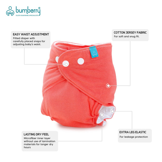 Bumberry Smart fitted ( 3 Pc Pack) - Cotton Reusable one piece diapering with built-in insert ( 0-6 months) (Peech , Sand , Grey )