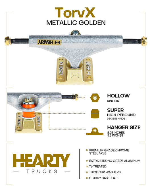 Hearty Skateboard Trucks- TorvX SERIES- Raw/Gold