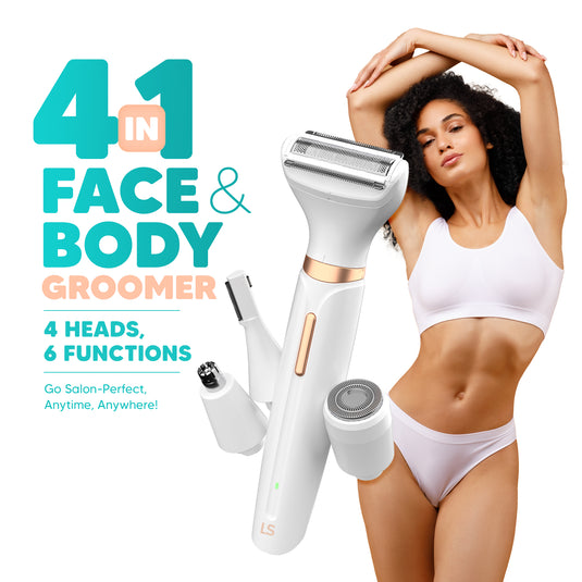 Letsshave Evior 4-in-1 Face & Body Trimmer for Women | 4 Heads - 6 Functions | Skin-Safe Blades for Face, Eyebrows, Bikini & Full Body Hair Removal | Rechargeable Groomer for All Body Parts