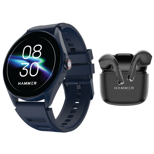 Hammer Cyclone Round Dial Bluetooth Smartwatch & KO Mini Bluetooth Earbuds (Combo)