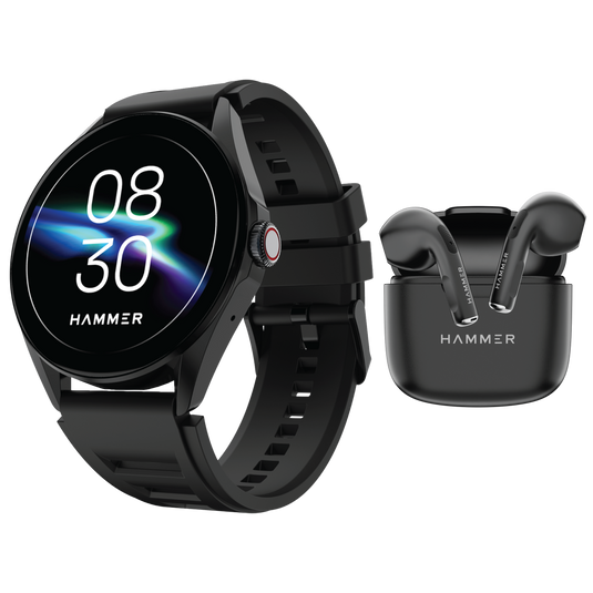 Hammer Cyclone Round Dial Bluetooth Smartwatch & KO Mini Bluetooth Earbuds (Combo)