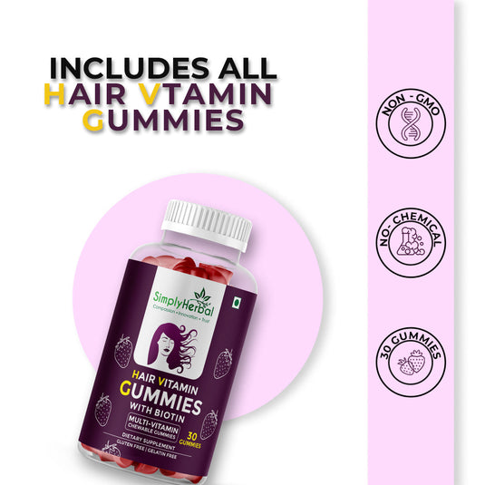 Simply Herbal Hair Vitamin Gummies with Biotin, Keratin & Vitamin A, C, D, E, B5, B6, B12 -30 Gummies
