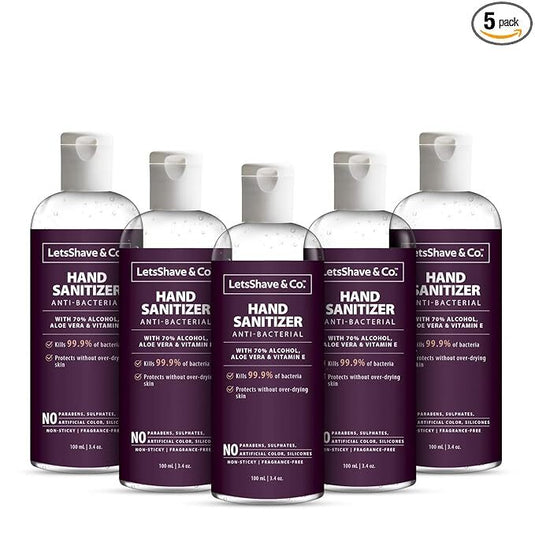 LetsShave Antibacterial Hand Sanitizer (100ml x 5) with 70% Alcohol, Aloe Vera & Vitamin E – Kills 99.9% Germs, Non-Sticky & Moisturizing – Travel-Friendly