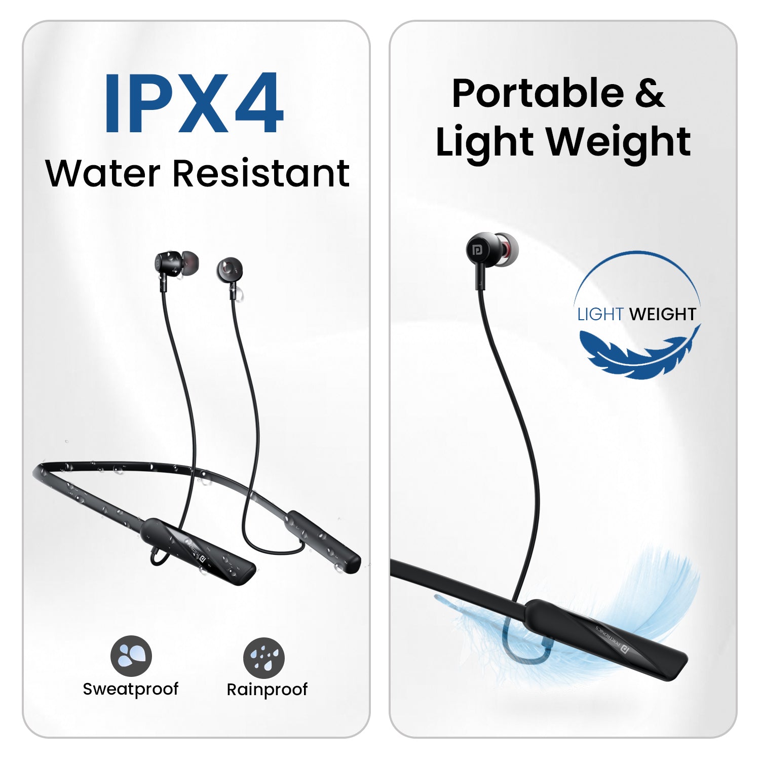 black Portronics Harmonics Z10 wireless neckband eaarphones is water resistant and light weight