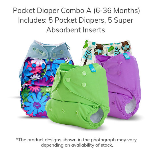 Pocket Diaper Combo A (13-36 Months) 5 Piece Pack with 5 Super Absorbent Inserts