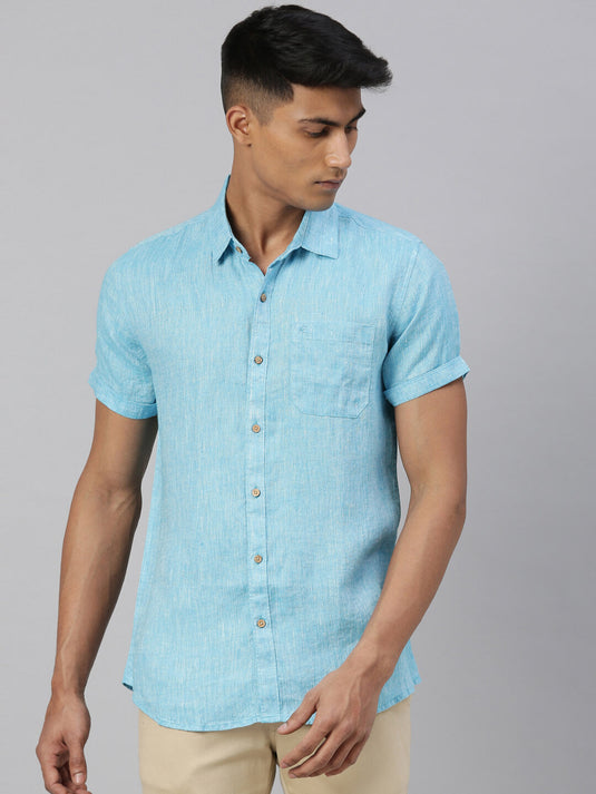 Ecentric Men Blue Hemp Casual Half Sleeve Shirt