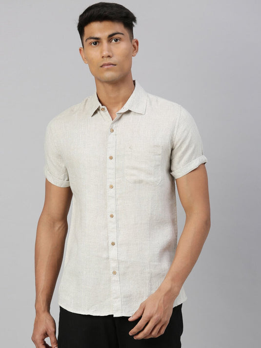 Ecentric Men Beige Hemp Casual Half Sleeve Shirt