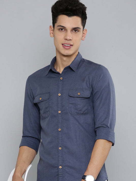 Men Hemp Midnight Blue Double Pocket Utility Shirt