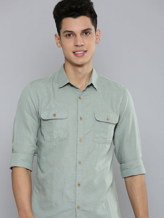 Men Hemp Lily Green Double Pocket Utility Shirt