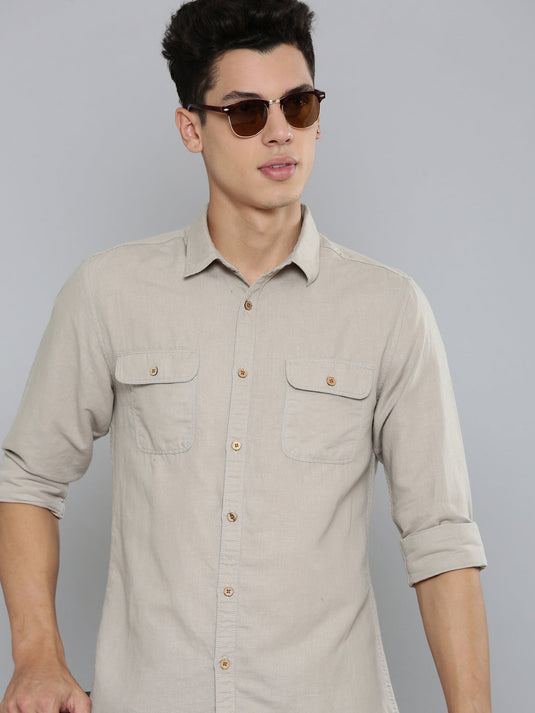 Men Hemp Beige Double Pocket Utility Shirt