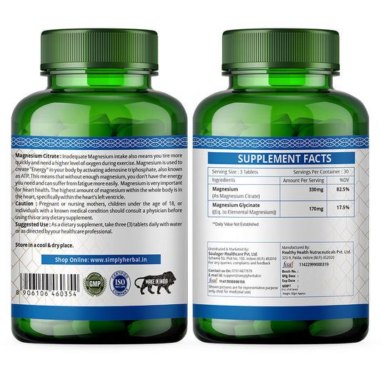 Simply Herbal Magnesium Citrate -Muscle & Nerve Function, Bone & Heart Health 330mg -90 Tablets