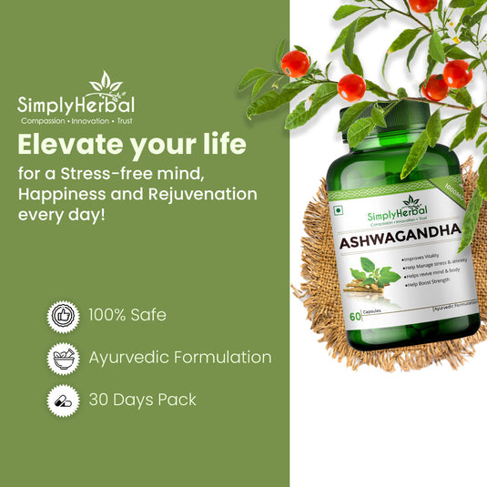 Simply Herbal Ashwagandha General Wellness, Vitality, Manage Stress & Anxiety 1000mg -60 Capsules