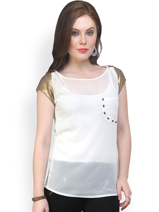 Pannkh Women's White Georgette With Golden Sequence Top