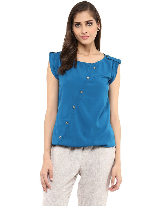 Pannkh Women's Blue Top With Fake Shoulder-Tab