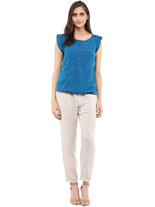 Pannkh Women's Blue Top With Fake Shoulder-Tab