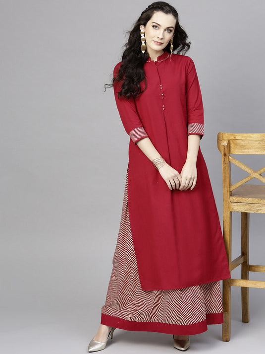 Solid Kurta With Printed Stripe Skirt