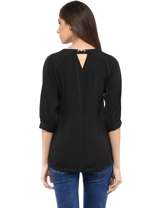 Pannkh Women's Black  Shirt Top With Detailed Notch Designs