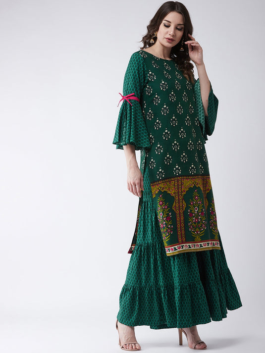 Green Mughal Printed Kurta With Sharara Pants