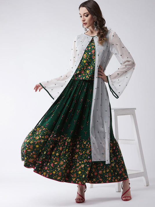 Green Mughal Printed Top  With Skirt And Embroidered Shrug