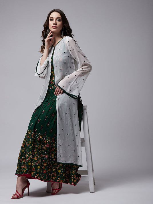 Green Mughal Printed Top  With Skirt And Embroidered Shrug