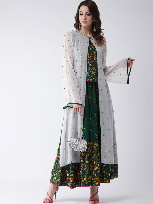 Green Mughal Printed Top  With Skirt And Embroidered Shrug