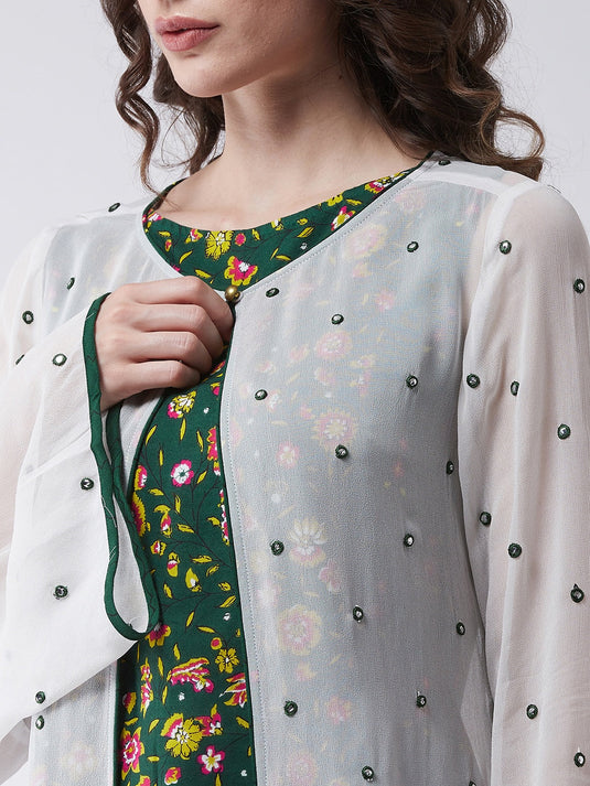 Green Mughal Printed Top  With Skirt And Embroidered Shrug