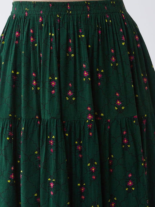 Green Mughal Printed Top  With Skirt And Embroidered Shrug