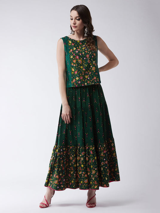 Green Mughal Printed Top  With Skirt And Embroidered Shrug