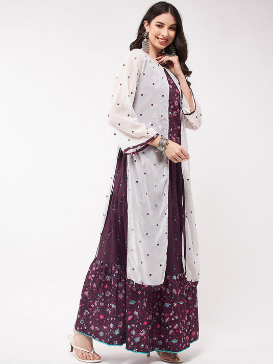 Mughal Printed Top  With Skirt And Embroidered Shrug