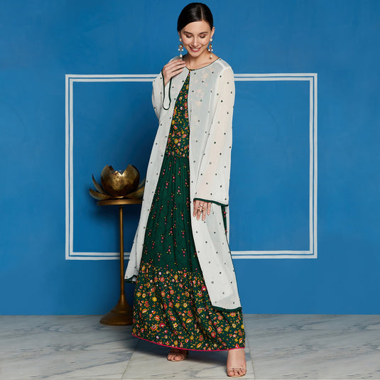 Green Mughal Printed Top  With Skirt And Embroidered Shrug