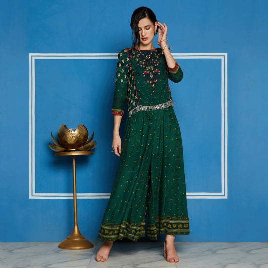 Green Mughal High-Low Top With Kalidaar Palazzo