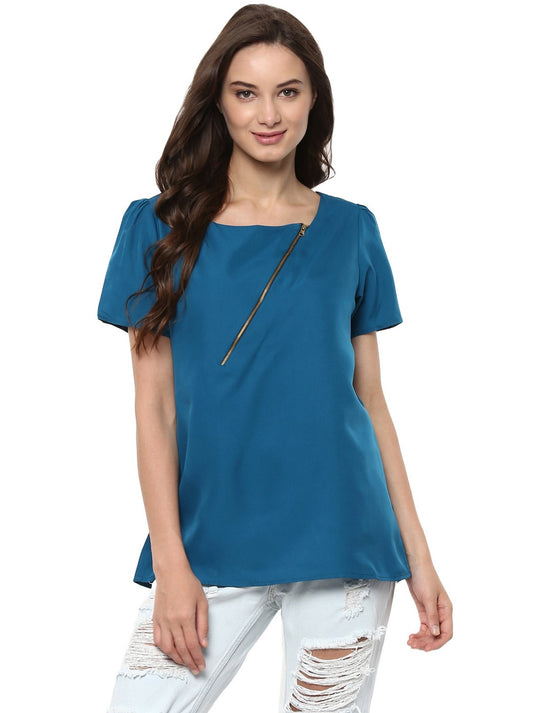 Pannkh Women's Blue Top Detailed With Gathered Sleeves And Diagonal Zip